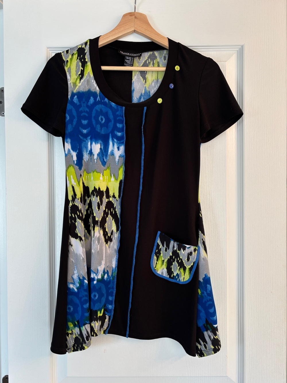 Frank Lyman Design Black Tunic with Blue and Lime Green Print